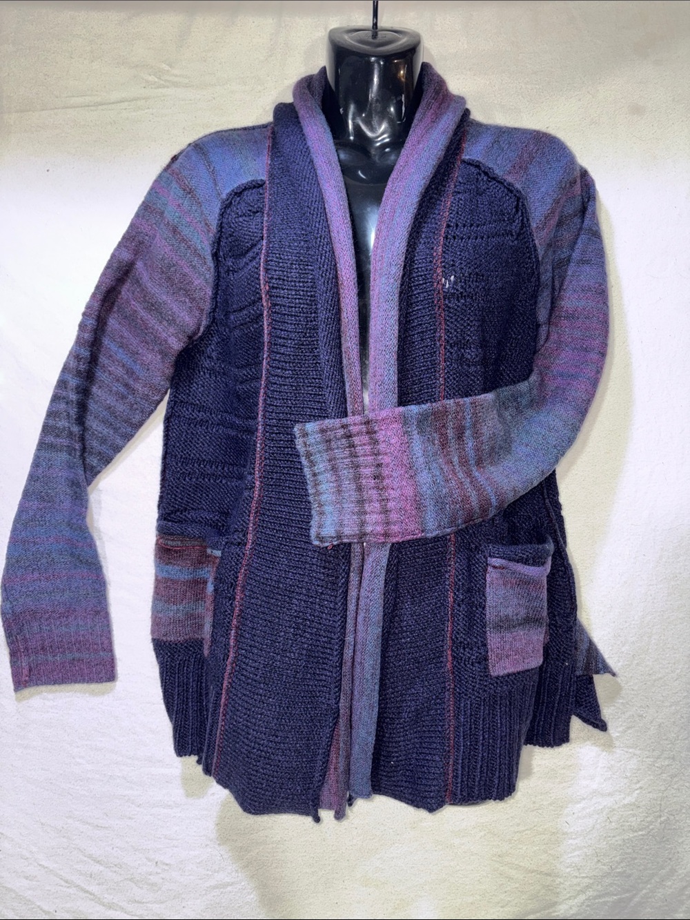 Curio New York Navy Purple Space Dye Shawl Collar Open Front Cardigan Size S